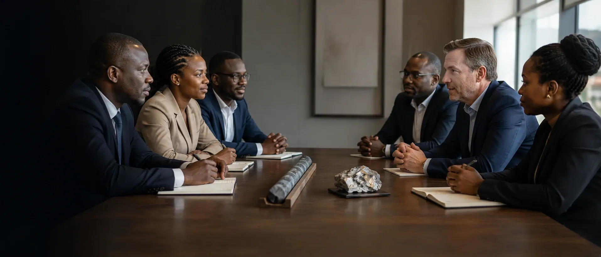 Two groups of professionals meeting across a table, with drill core and a mineral specimen between them.