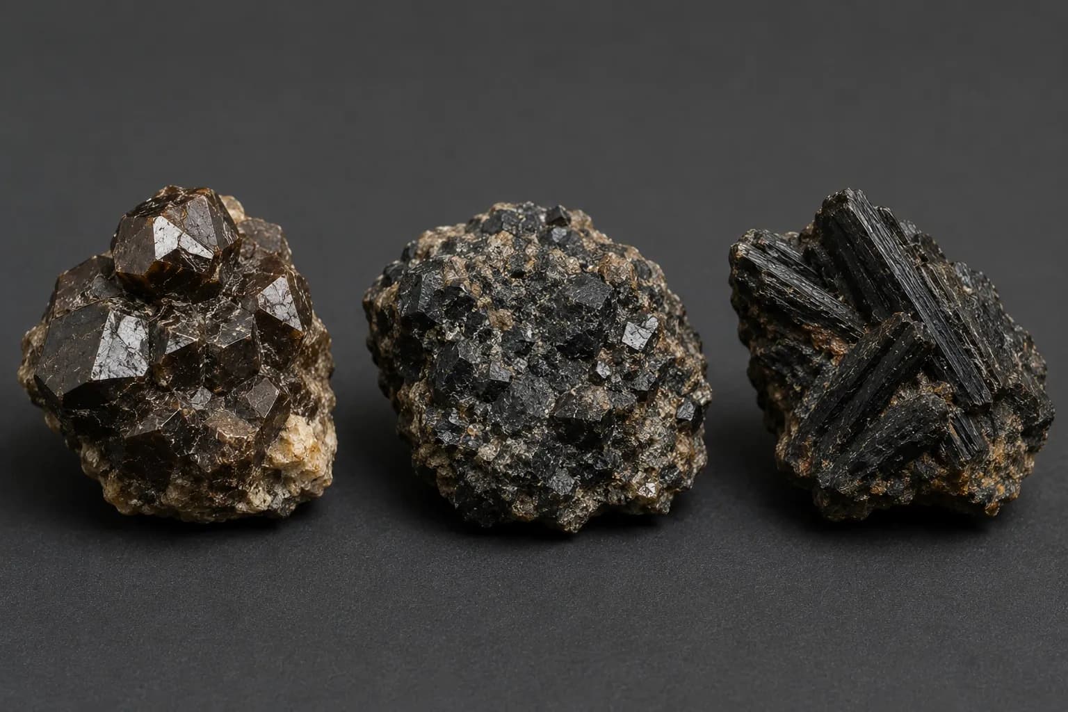 Three ore specimens side by side: brown cassiterite, black tantalite-columbite and bladed wolframite.