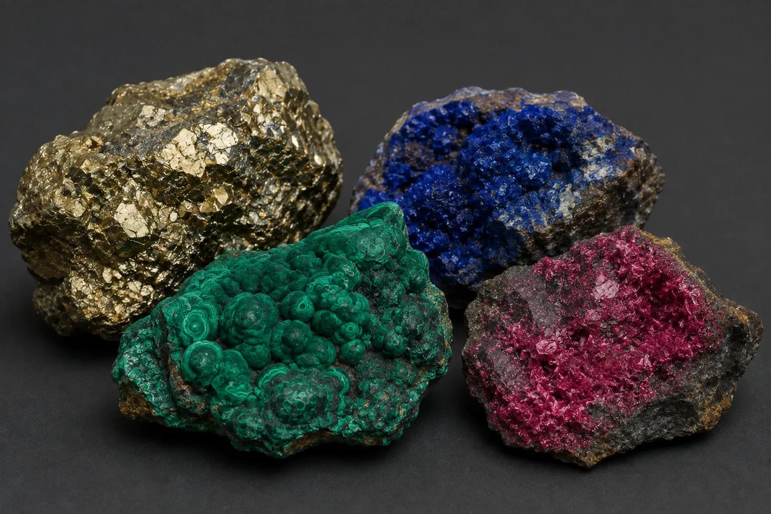 Copper and cobalt ore specimens showing brassy chalcopyrite, green malachite, blue azurite and a pink erythrite crust.