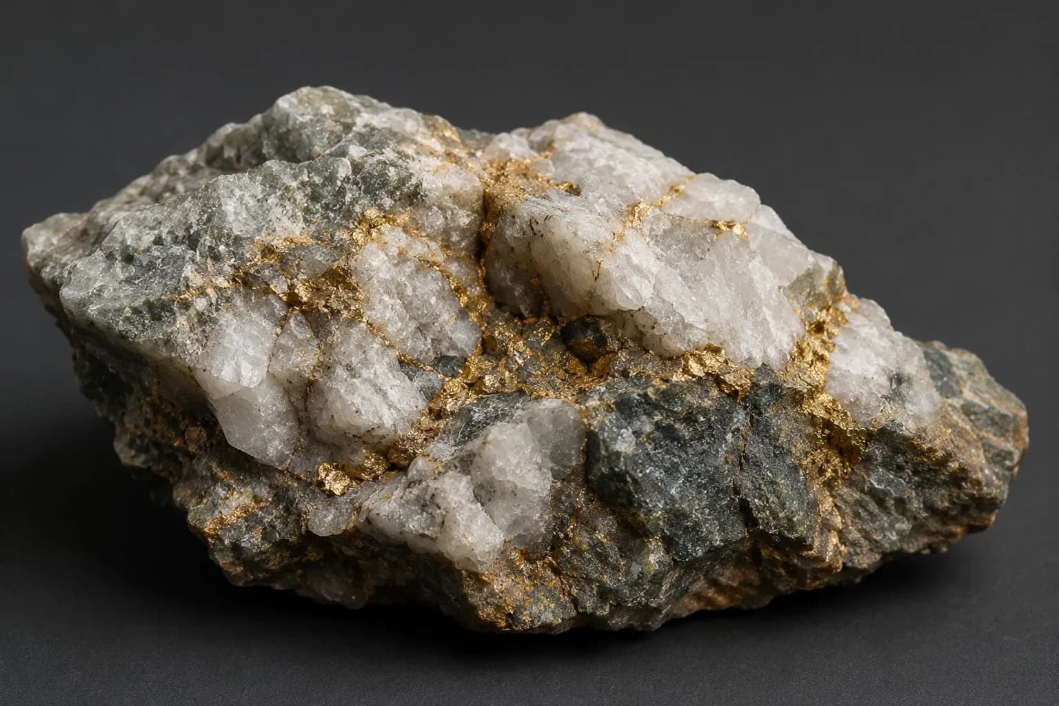 Studio close-up of a gold-in-quartz ore specimen showing fine gold mineralisation in white quartz and grey host rock.