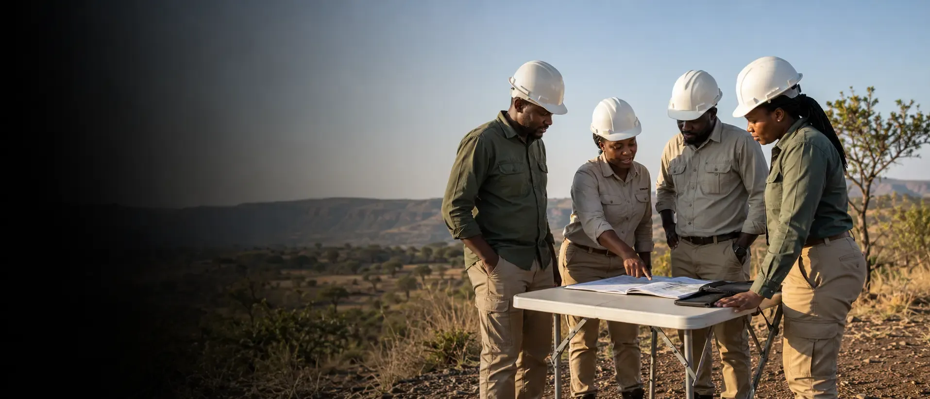 A small group of mining professionals gathered around a field table outdoors, discussing a document.