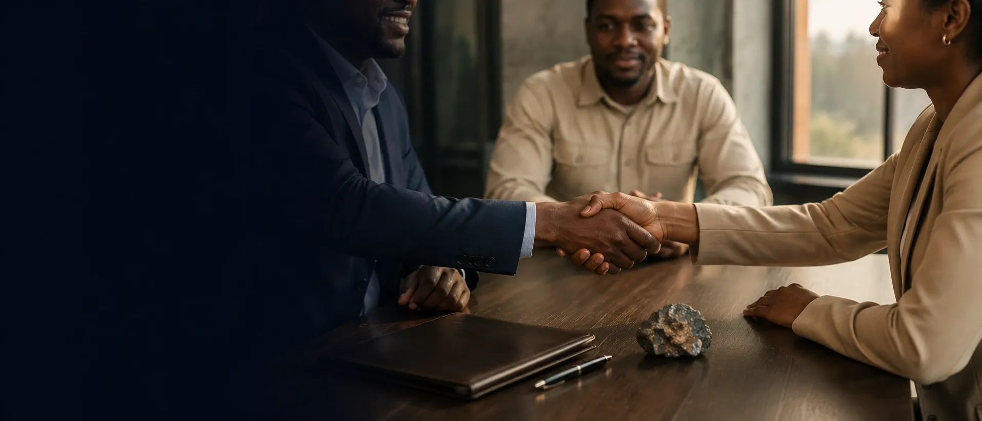 Two professionals shaking hands across a meeting table beside a closed folio and an ore specimen.