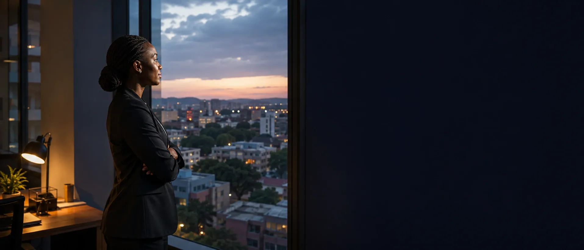 A professional standing at an office window at dusk, looking out over a city skyline.