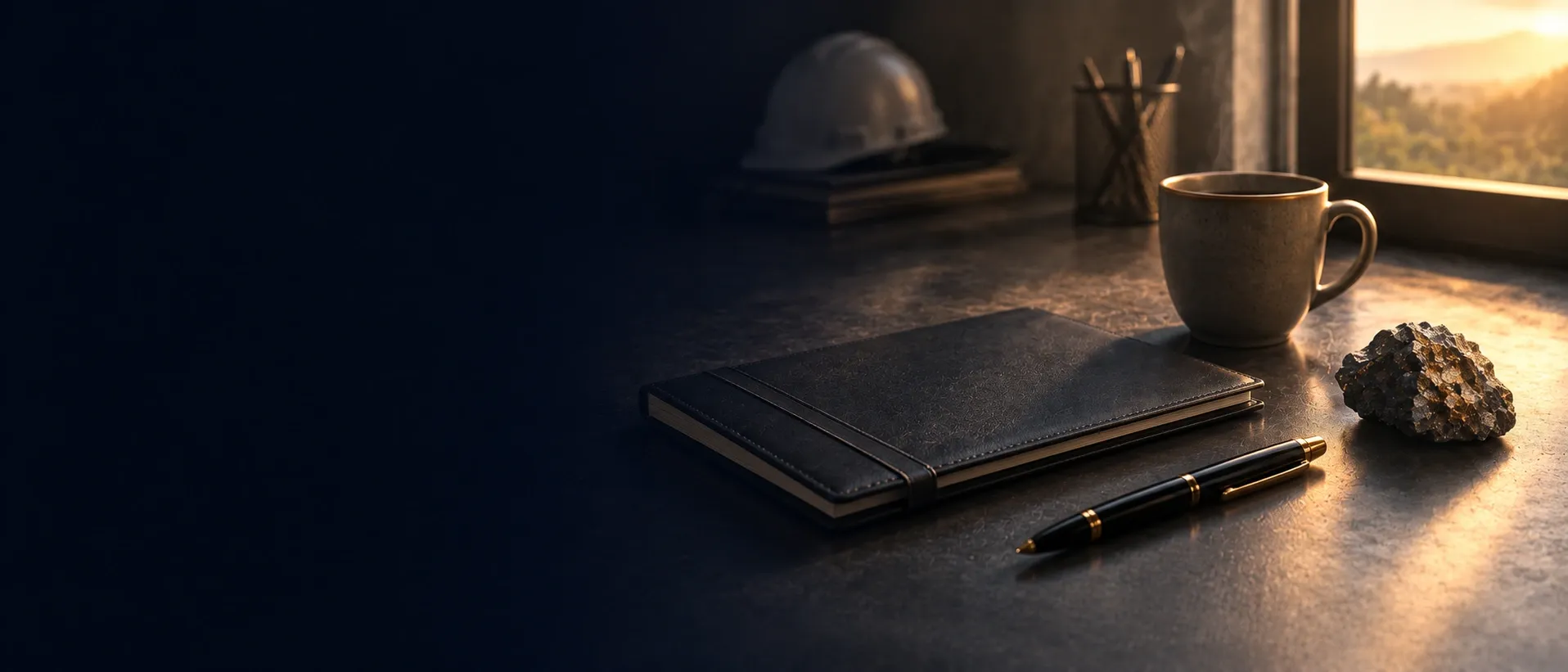 A quiet desk corner with a closed notebook, a pen, a cup and a small mineral fragment.