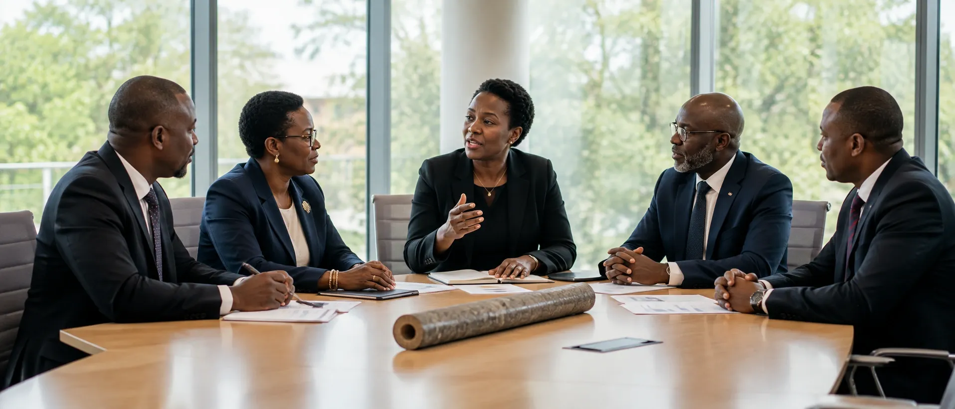 Five board-level professionals in discussion around a boardroom table in bright daylight.