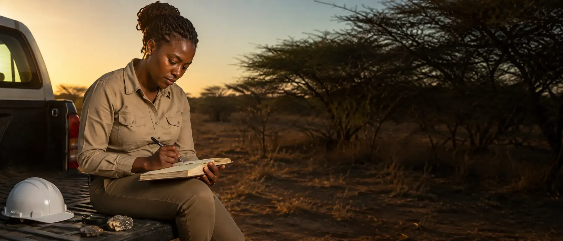 A geologist sitting on a vehicle tailgate in savannah scrub, writing in a field notebook.