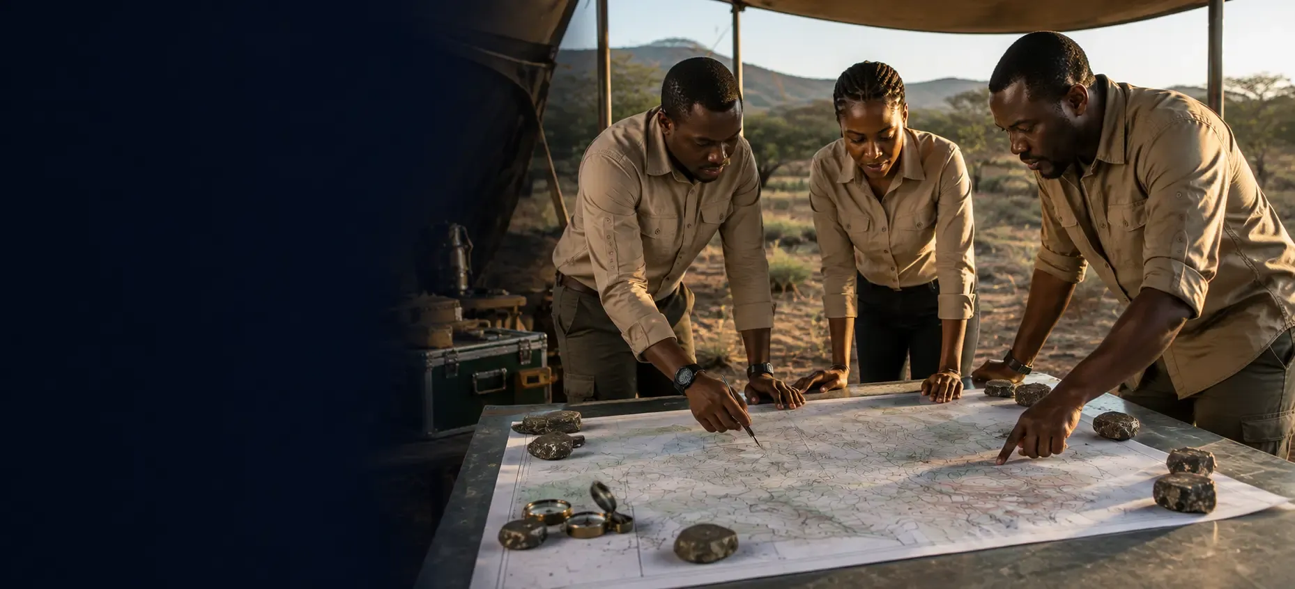 Three geologists studying a large geological plan spread on a field table under a canvas shade.