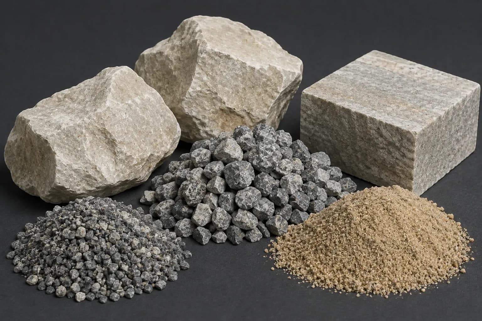 Construction-material samples: pale limestone blocks, crushed stone aggregate, quarry sand and cut dimension stone.